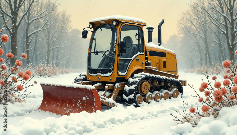 Snow-covered backhoe in a winter landscape Snow-covered backhoe in a winter landscape