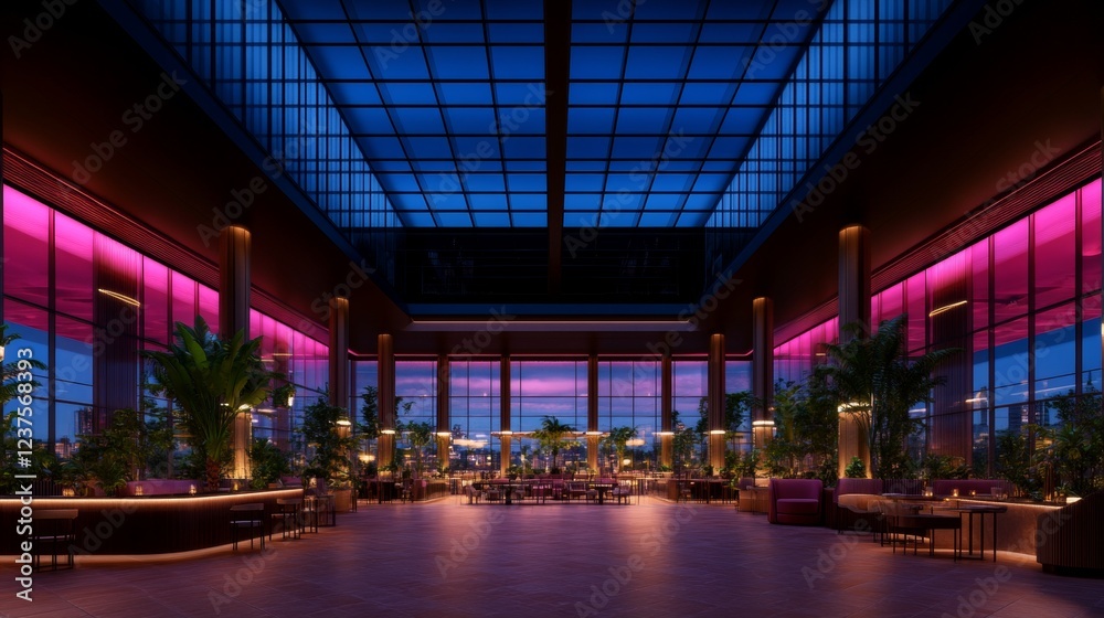 Modern Nighttime Restaurant Interior Design with City View Modern Nighttime Restaurant Interior Design with City View