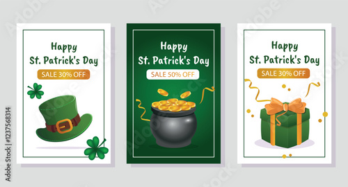 Happy St. Patrick's Day promo. Hat, shamrock, pot of gold, gifts. Vector illustration for a poster, banner, or special offer.