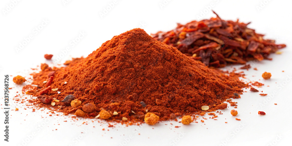 Spicy Red Hot Chili Pepper Powder Isolated on a White Background for Culinary Use Spicy Red Hot Chili Pepper Powder Isolated on a White Background for Culinary Use