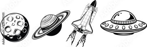 Set of planets and space ship, vector illustration.