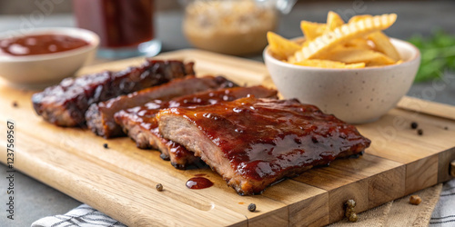 Delicious Ribs with Barbecue Sauce on a Wooden Board for Culinary Delights