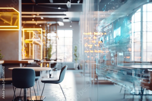 Real-time digital advertising previews displayed holographically in a coworking cafe.