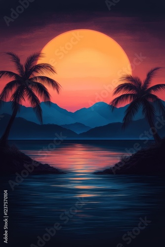 Tropical Sunset Scene: A Dreamy Illustration of a Vibrant Sunset with a Glowing Orange Sun, Silhouetted Palm Trees Framing the Scene, and Serene Waters Reflecting the Warm Hues 