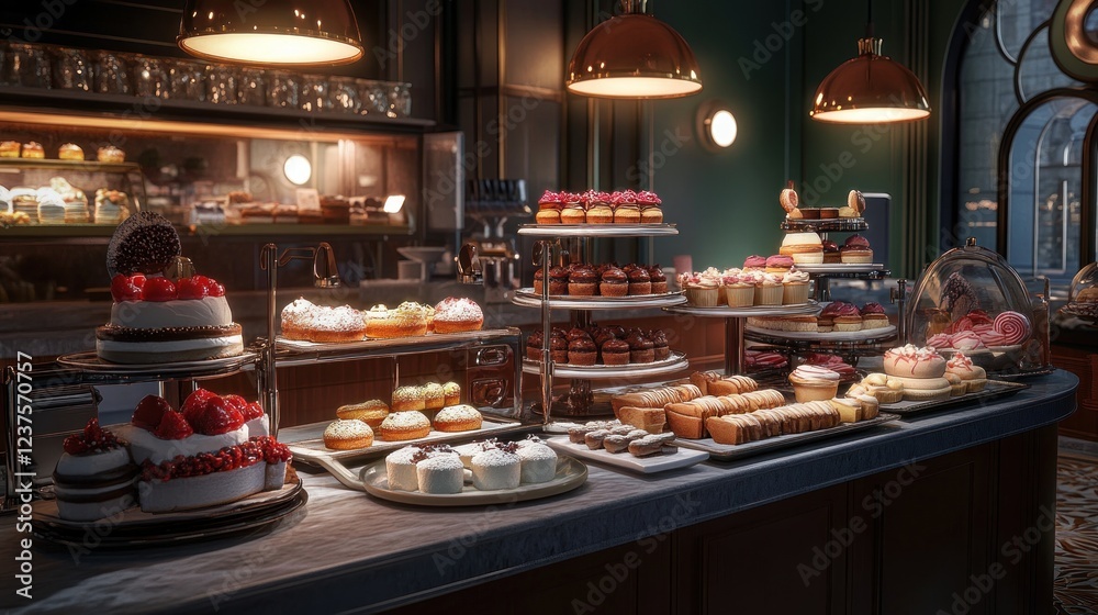 Delicious pastries displayed in a cafe Delicious pastries displayed in a cafe