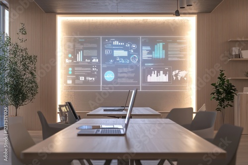 Infographics animated via holographic displays in a minimalist coworking space.