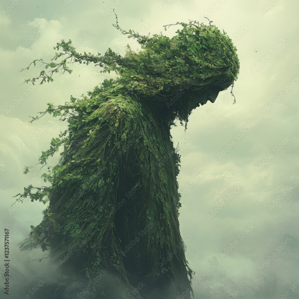 Naklejka premium Mysterious Forest Guardian Emerges from Lush Greenery