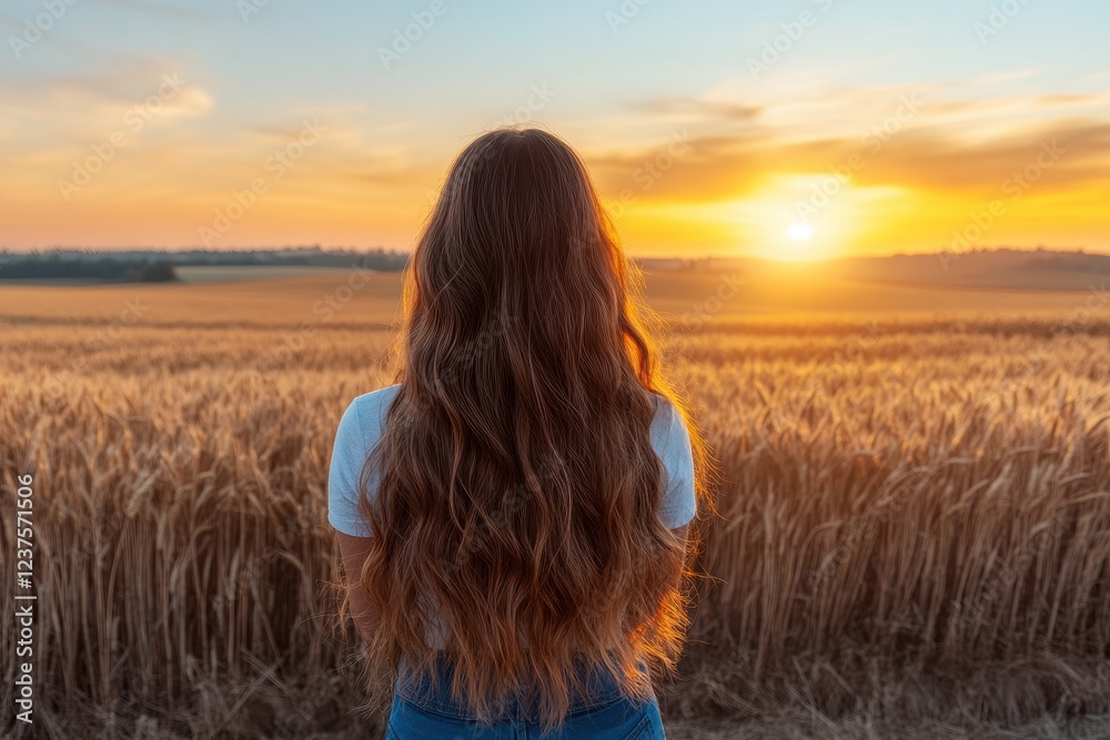 Obraz premium Rear view of a woman with wavy hair gazing at a sunset over a wheat field