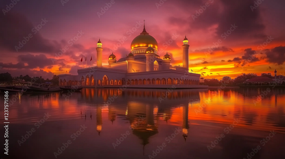 Obraz premium Independence Day of Brunei Darussalam. Stunning view of Sultan Omar Ali Saifuddin Mosque in Brunei at sunset