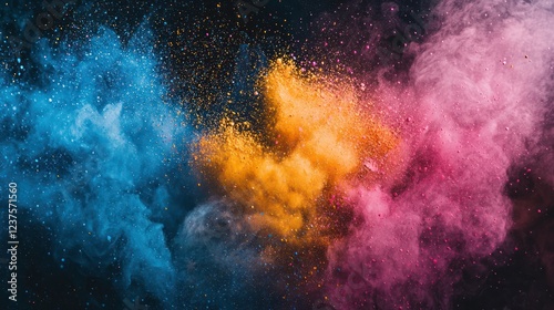 Dynamic explosion of colorful chalk powder on a dark background.