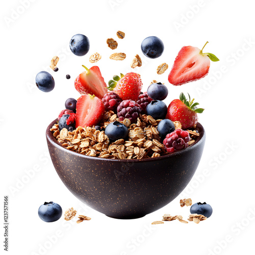 Flying Bowl of Acai with Granola and Strawberries Isolated on Transparent Background