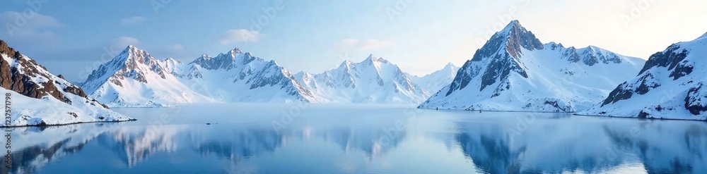 Obraz premium Snow-covered mountain range with misty sky and frozen lake, rocky, frosty, mountain