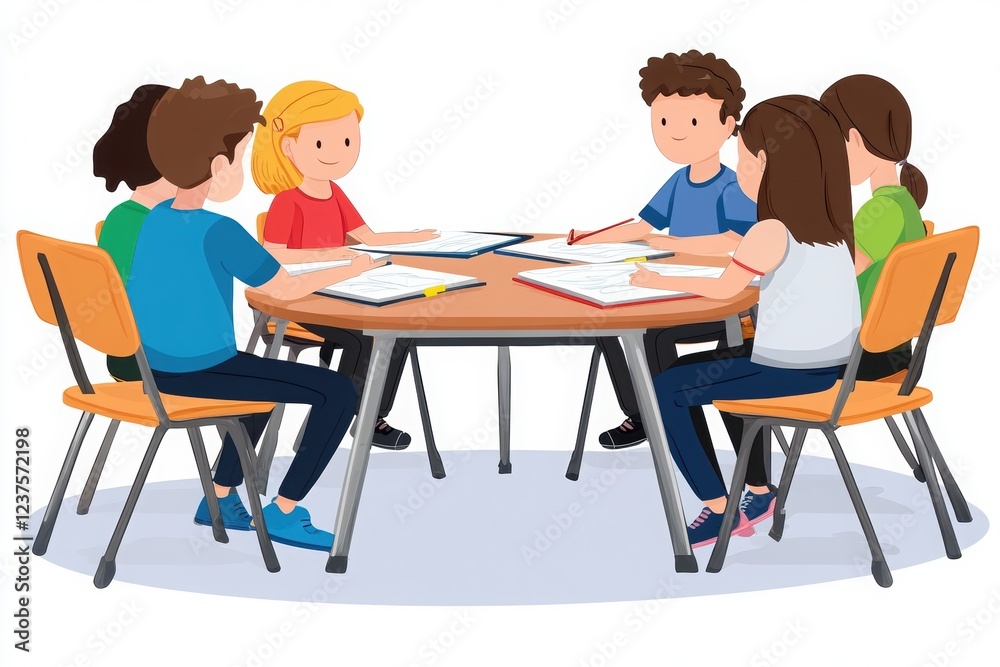 A group of children sitting around a table, engaged in a collaborative activity with papers and pencils.