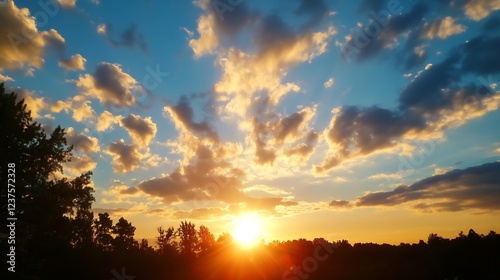 Golden Sunset with Dramatic Clouds and Tree Silhouettes on the Horizon : Generative AI