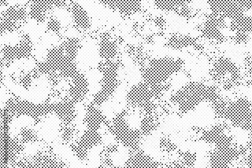 Grunge halftone gradient background. Faded grit noise texture. White and black sandy wallpaper. Retro pixelated backdrop. Anime or manga style comic overlay. Vector graphic design textured template