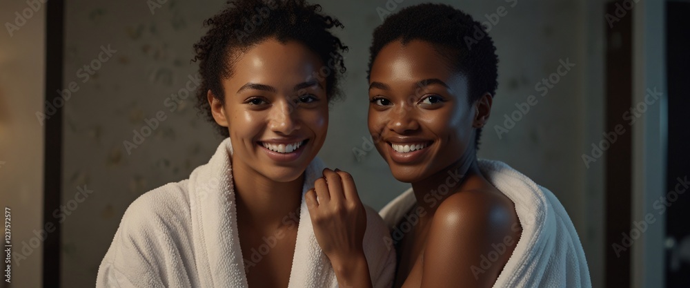 Obraz premium Sisters in Spa Relaxation: Two radiant Black sisters, one in a white bathrobe and the other with bare shoulders, share a warm smile and intimate moment after a spa treatment, bathed in soft.