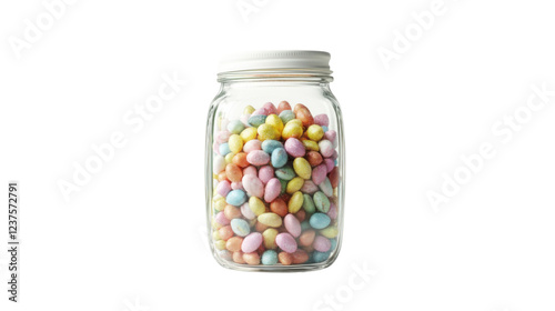 Glass jar full of colorful speckled candy eggs on transparent background