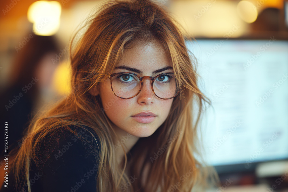 A young woman with long hair and glasses gazes thoughtfully at the camera, set against a softly blurred background. A young woman with long hair and glasses gazes thoughtfully at the camera, set against a softly blurred background.