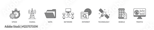 5G icon set flow process which consists of speed, signal, data, network, internet, technology, mobile and traffic icon live stroke and easy to edit .