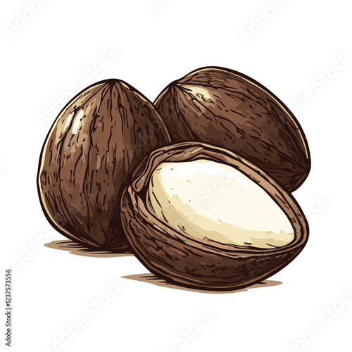 Colorful, black and white Coconuts and coconut half with leaves isolated on a white background Art & Illustration