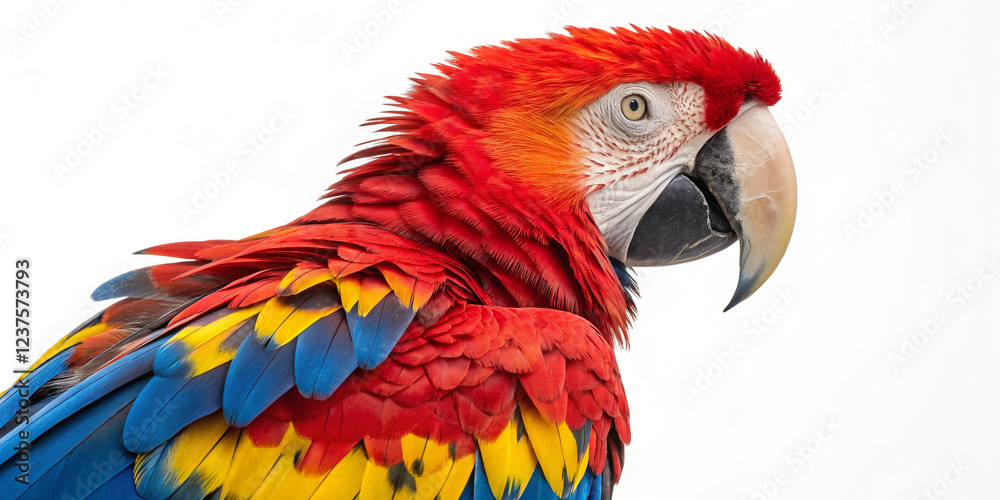 Obraz premium Vibrant Scarlet Macaw Parrot Isolated on a Clean White Background for Wildlife Enthusiasts