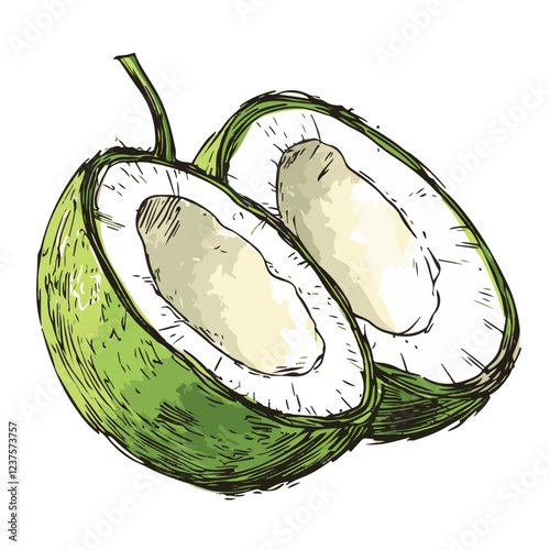 Colorful, black and white Coconuts and coconut half with leaves isolated on a white background Art & Illustration