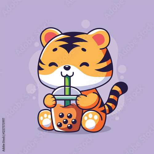 Cute tiger drink boba. Vector illustration in cartoon style.
