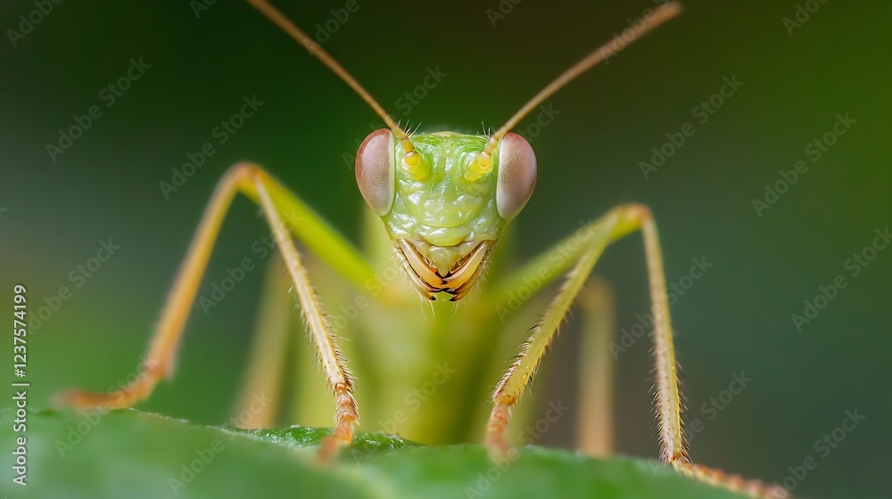 Fototapeta premium Macro Portrait of a Green Praying Mantis with Folded Forearms in Garden : Generative AI