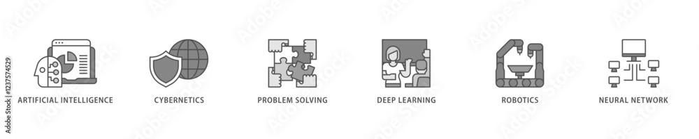 AI icon set flow process which consists of cybernetics, problem-solving, deep learning, machine learning, robotics and neural network icon live stroke and easy to edit . AI icon set flow process which consists of cybernetics, problem-solving, deep learning, machine learning, robotics and neural network icon live stroke and easy to edit .