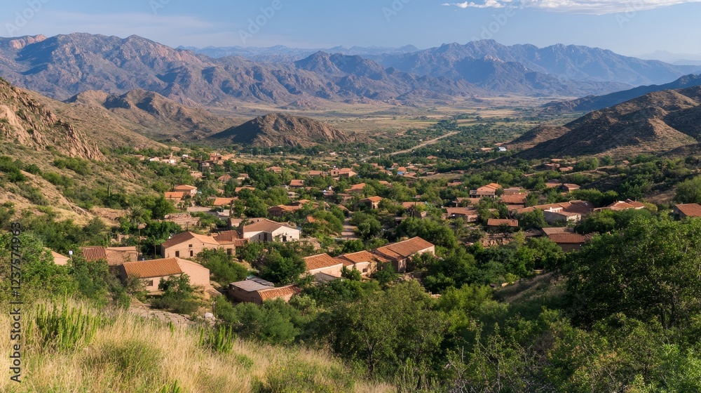 Mountain Village Panorama Houses nestled in arid landscape Mountain Village Panorama Houses nestled in arid landscape