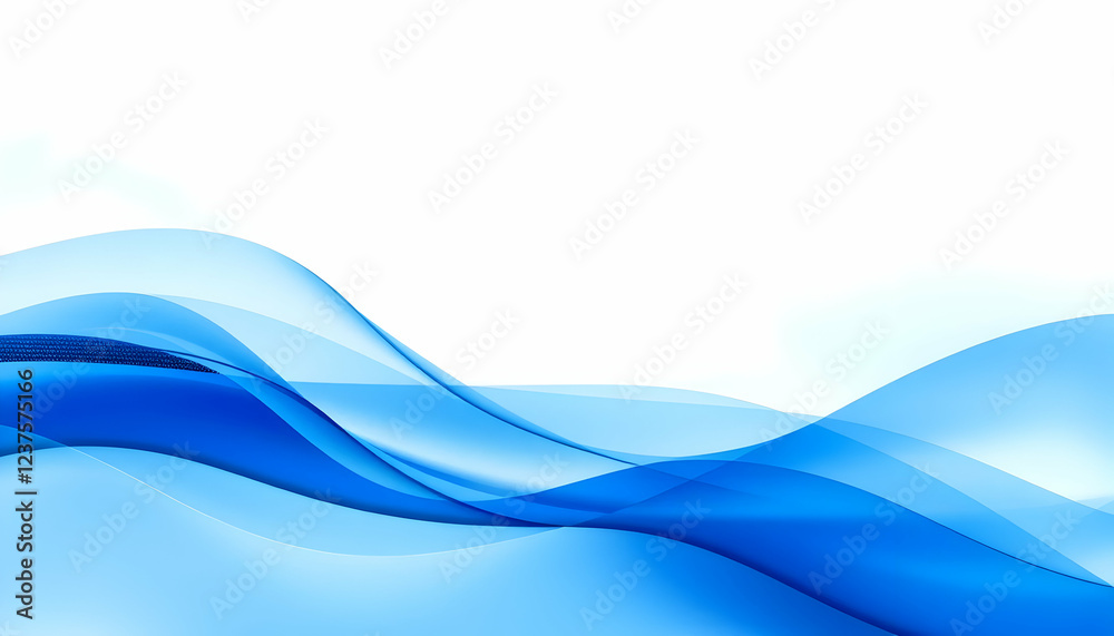 Fototapeta premium Abstract blue waves, smooth flowing curves, light gradient background, serene aquatic theme, dynamic composition, minimalist design, soft blending, ethereal atmosphere, digital illustration, soothing 