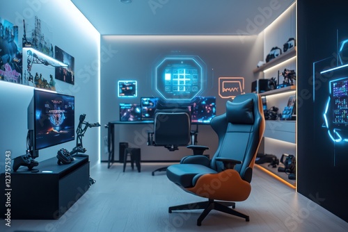 Holographic AI strategy guides floating mid-air in a gaming room for optimal tactics.