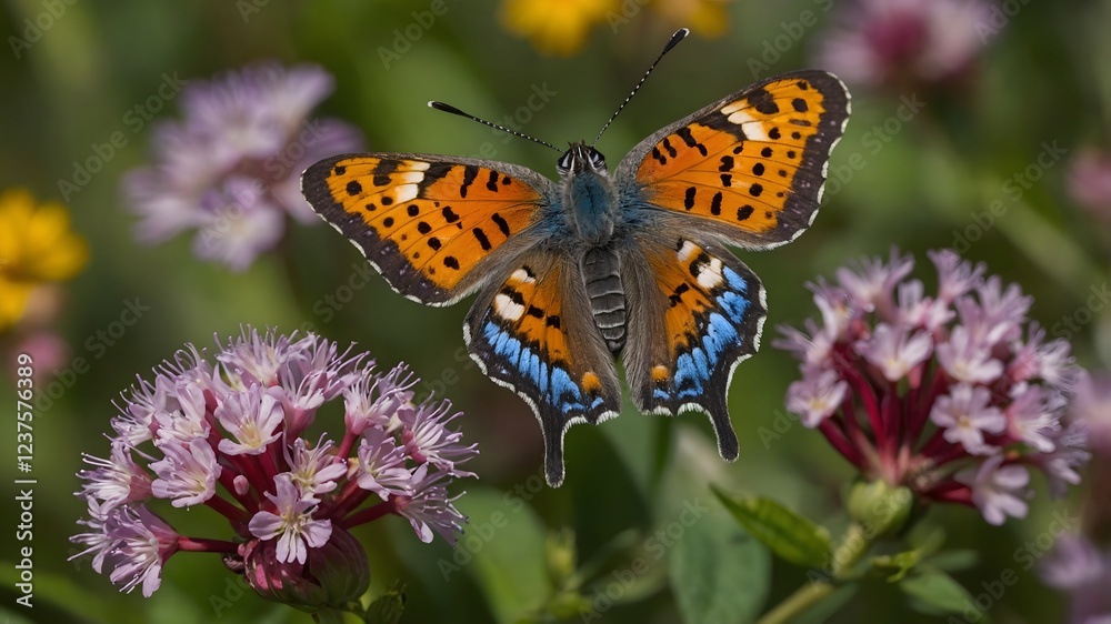 Fototapeta premium Nature's Cadence: Lunge’s Metal mark Butterfly in a Blooming Landscape