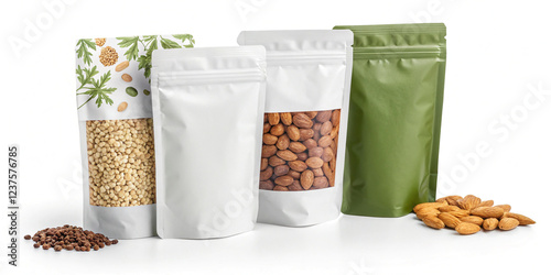 A Set of Doypacks Isolated on a White Background for Packaging Solutions