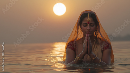 Woman purifying herself in the holy river Ganges with a bright full moon in the background. Maghi purnima day photo