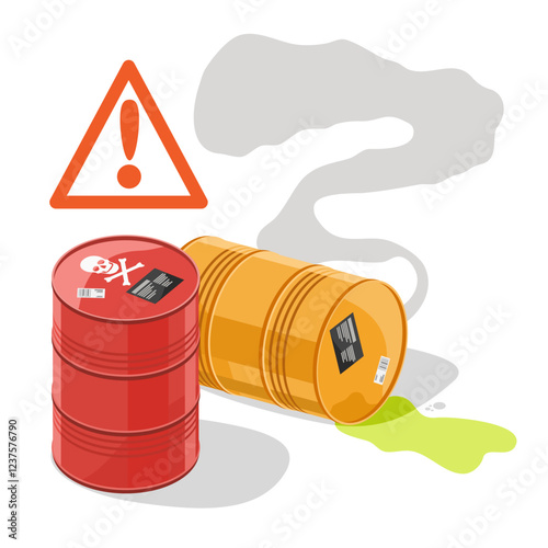 Dangerous chemicals leak red Toxic waste tanks smoke Hazardous store concept illustration isometric isolated cartoon vector