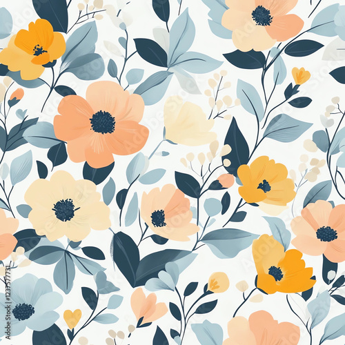 Wallpaper Mural A floral pattern with blue and yellow flowers Torontodigital.ca