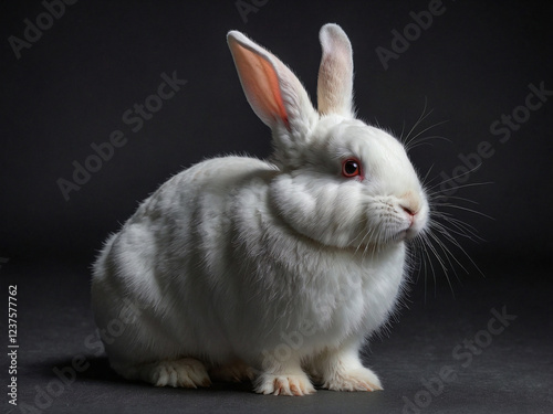 Cute white rabbit in studio, black background