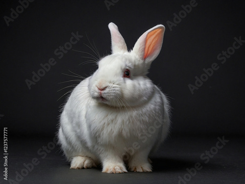 Cute white rabbit in studio, black background