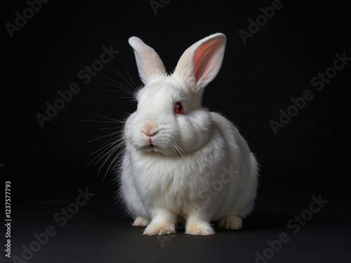 Cute white rabbit in studio, black background