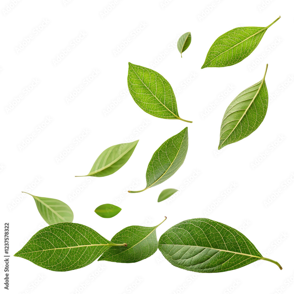Fototapeta premium Falling Green Leaves Composition Multiple Leaves Isolated on White Background, Nature, Botany, Leaf, Green, Nature