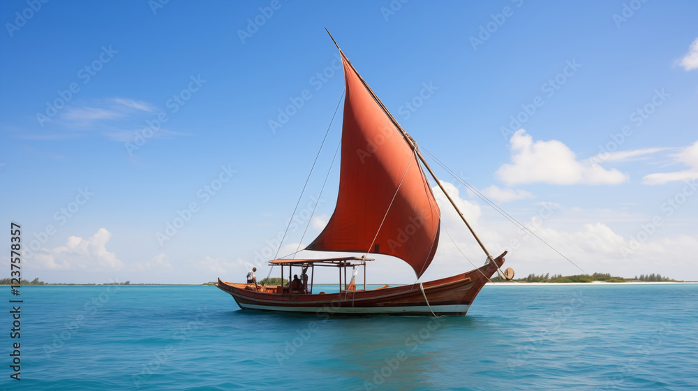 Fototapeta premium Traditional Maldivian Dhoni Boat Sailing on Turquoise Waters