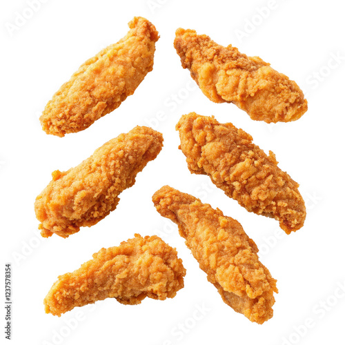 Six Crispy Fried Chicken Tenders, Isolated on White Background, Food Photography, Top View, Chicken tenders, fried food, fast food
