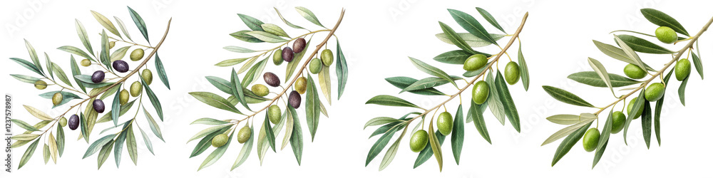 Four Olive Branches Botanical Illustration, Isolated on White Background, Green and Black Olives, Digital Painting, Olive Branch, Botanical Illustration, Olives Four Olive Branches Botanical Illustration, Isolated on White Background, Green and Black Olives, Digital Painting, Olive Branch, Botanical Illustration, Olives