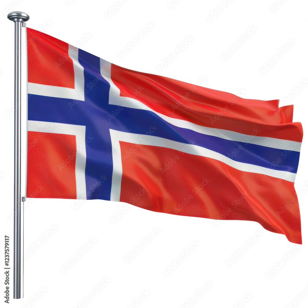 Norwegian flag waving in wind, showcasing its vibrant red, blue, and white colors. symbol of national pride and identity Norwegian flag waving in wind, showcasing its vibrant red, blue, and white colors. symbol of national pride and identity