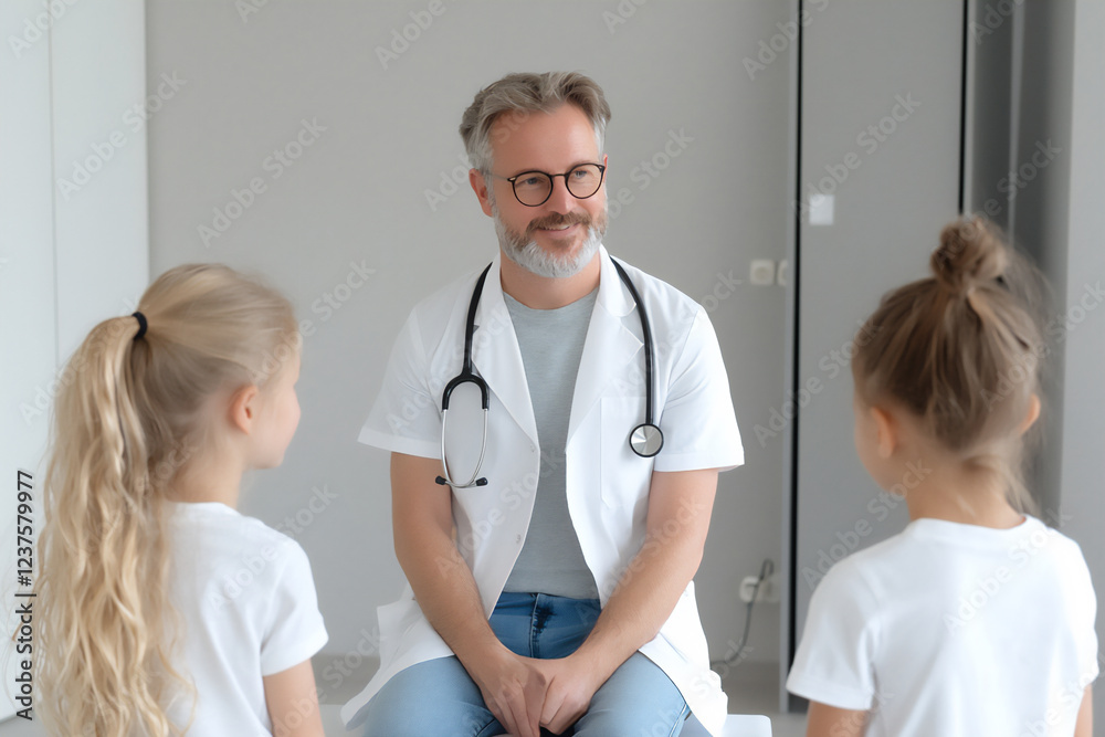 a doctor conducting a scoliosis screening for a group of school children a doctor conducting a scoliosis screening for a group of school children