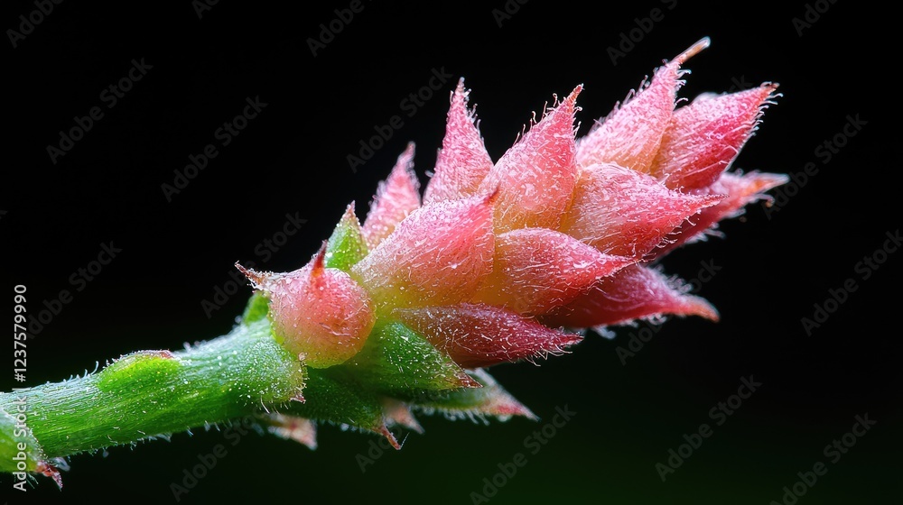 Pink flower bud macro shot, dark background, nature detail Pink flower bud macro shot, dark background, nature detail