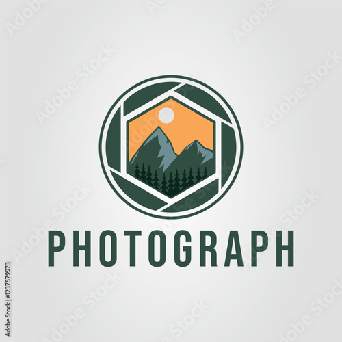 Mountain landscape within camera aperture for photography branding design. Suitable for website backgrounds, promotional materials, and photography related projects.