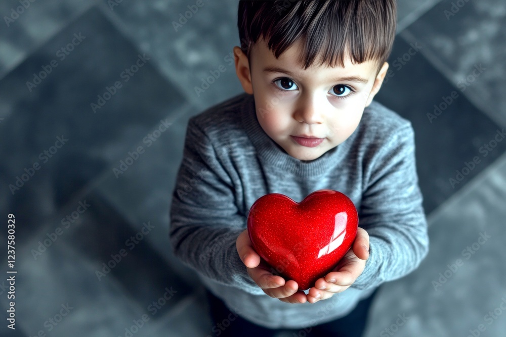 Commercial ad campaign artwork. Sign of love. Сhildren valentine's day greeting card: toddler boy with happy face holds red heart in hands. Family-friendly valentine's scene. Family holiday ad. Commercial ad campaign artwork. Sign of love. Сhildren valentine's day greeting card: toddler boy with happy face holds red heart in hands. Family-friendly valentine's scene. Family holiday ad.