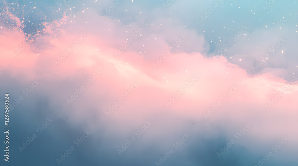 Fototapeta premium Soft pink and blue clouds float through a serene sky, evoking a sense of calm and peaceful reflection in a dreamy landscape.